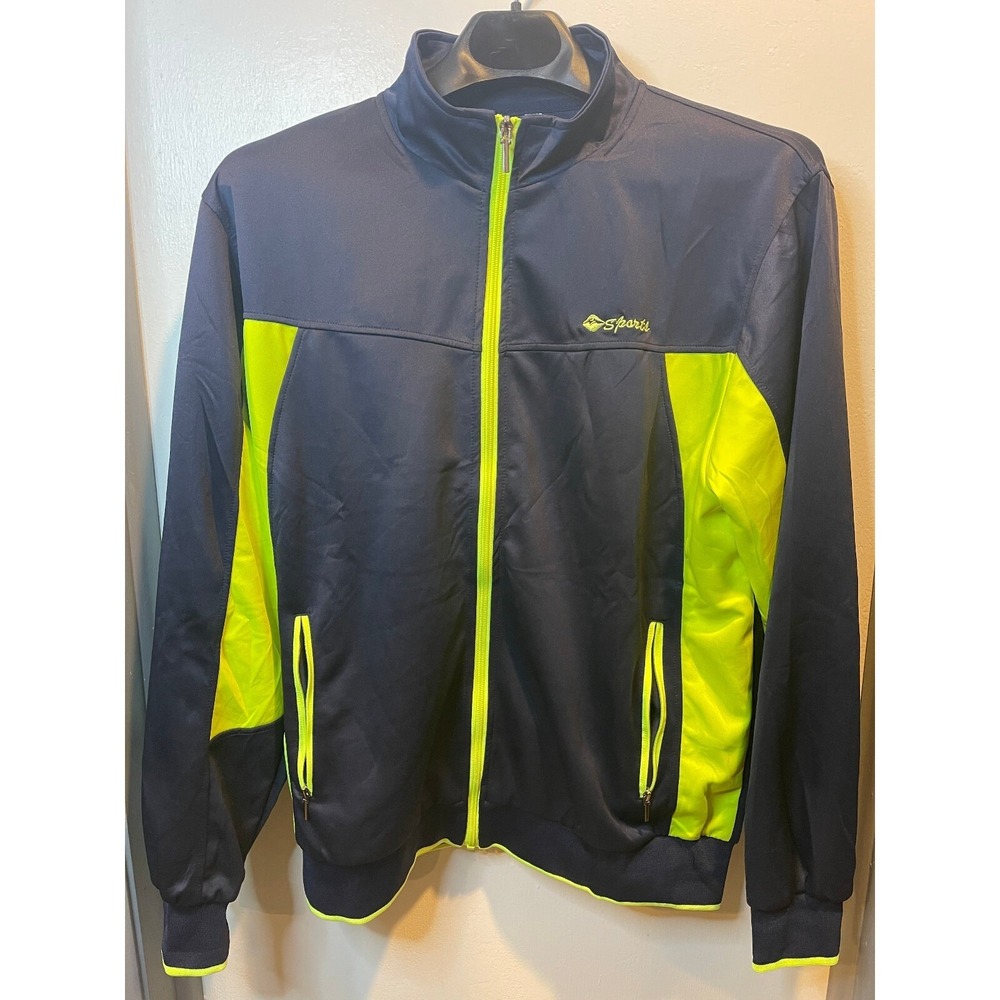 Sports Mens Track Jacket Navy Blue Neon Yellow Full Zip Stand Collar Size Large